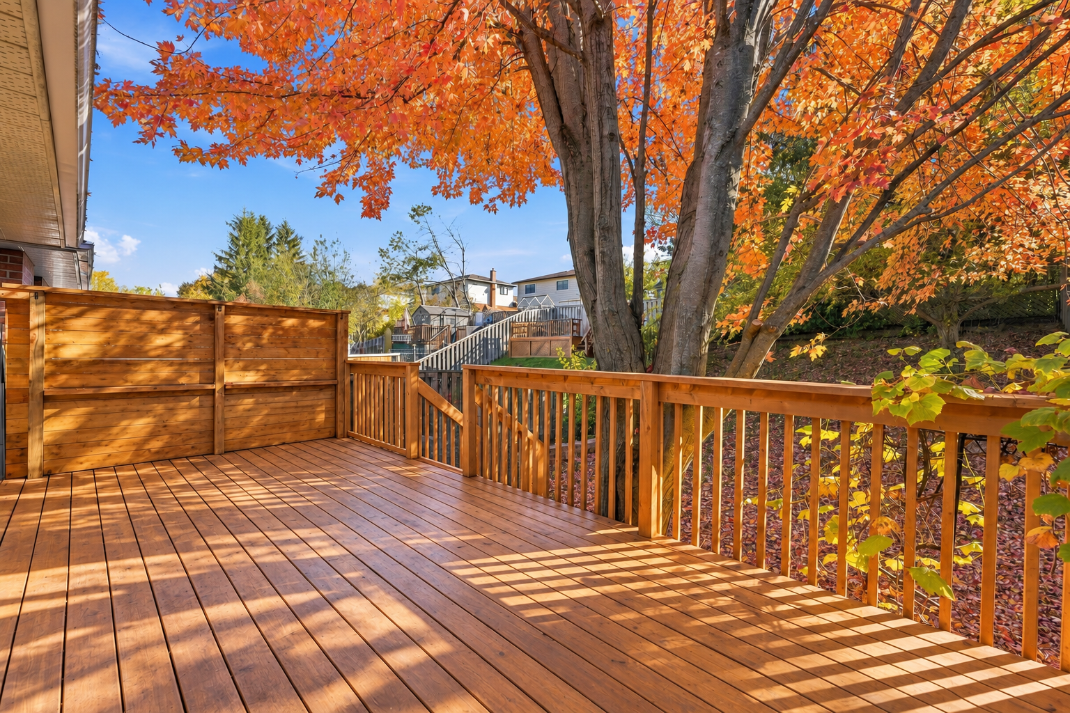 Empty wooden deck in autumn light